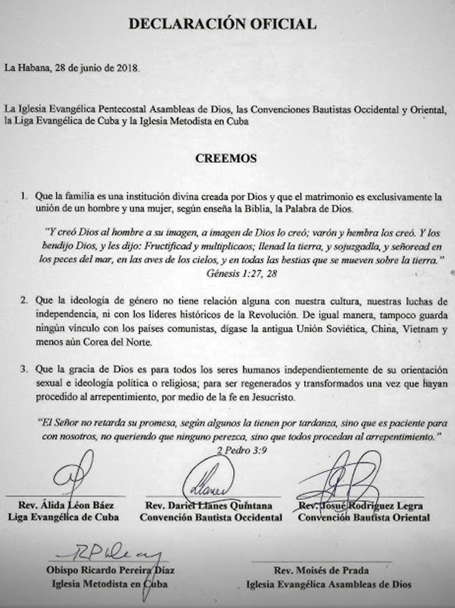 Declaracin conjunta de algunas iglesias evanglicas en Cuba sobre la ideologa de gnero. cubademocraciayvida.org web/folder.asp?folderID=136    